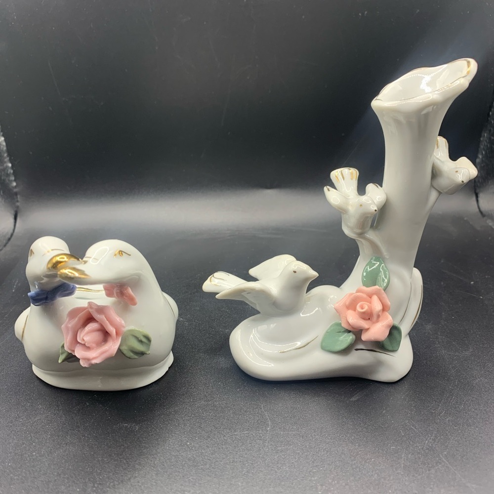 2/Porcelain Ducks & Doves Mini Bud Vases